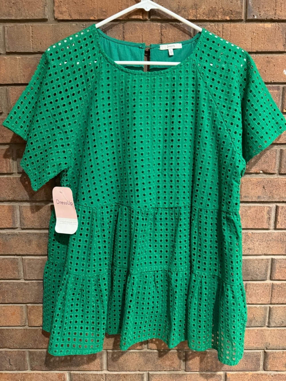 NWT Jodifl Dress Up boutique Green Eyelet Tiered Short-Sleeve Top large L new